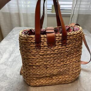 Natural Life Rattan Woven Backpack Lined Tote Bag Purse Vegan Leather Trim